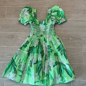 FARM Rio Green Floral Puff-Sleeve Mini Dress